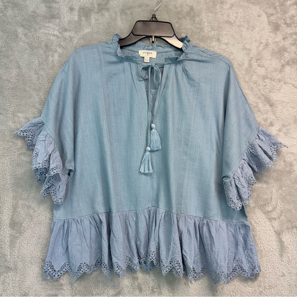 Umgee Light Blue Ruffle Blouse with Lace Details Size S NWOT